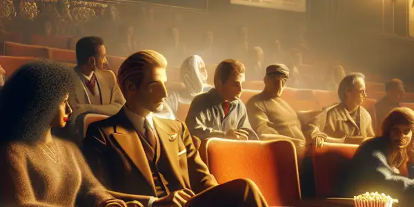 A vintage Albanian cinema scene with diverse moviegoers discussing films, evoking nostalgia and cultural themes.