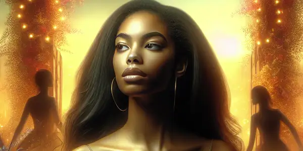 A stylish urban woman stands at a magical garden entrance, surrounded by vibrant flowers and twinkling lights.