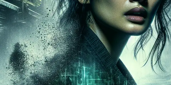 Cecilia, fearful and determined, looks over her shoulder in a dimly lit, decaying urban alley.