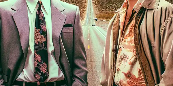 A road trip scene featuring two brothers on an open highway towards Las Vegas at sunset.