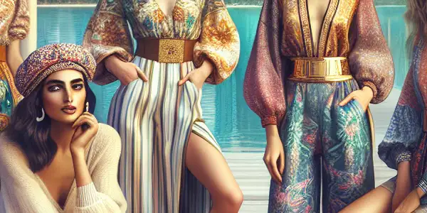 Four fashionable women in trendy outfits stand together in a luxurious setting, blending New York City and Middle Eastern influences.