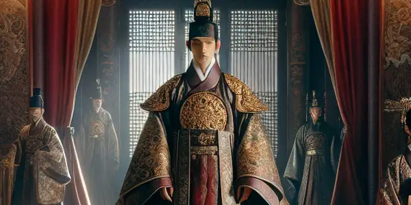 A royal court scene in a Goryeo Dynasty palace featuring a king, queen, and loyal bodyguard, filled with emotion.