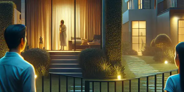 A couple stands in their yard, glancing curiously at a glowing neighboring house shrouded in mystery.