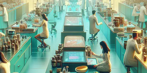 A modern laboratory showcasing scientists developing innovative aphrodisiacs with colorful packaging, emphasizing safety and wellness in intimate relationships.