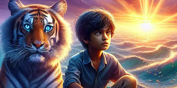 A young boy and a Bengal tiger on a lifeboat in a vibrant, tumultuous ocean at sunset.