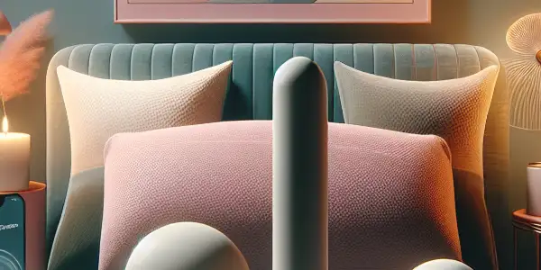 A modern intimate space featuring sleek, eco-friendly adult toys and a smartphone in a warm, inviting atmosphere.