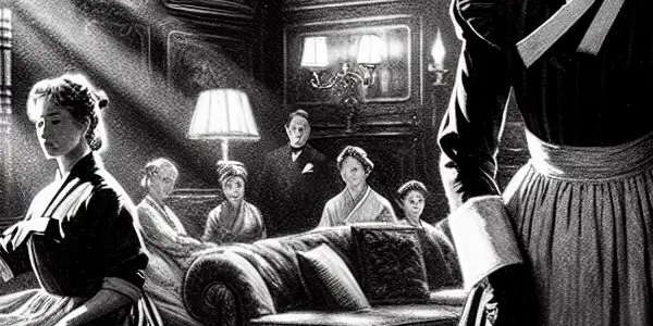 A tense black and white scene of a housemaid in a vintage living room, embodying vulnerability and determination.