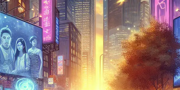 A bustling urban landscape at twilight, featuring couples exploring romance amidst glowing street signs and whimsical fantasy elements.