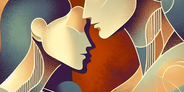 Two figures in a cozy, intimate pose symbolizing mutual pleasure in a softly lit bedroom setting.