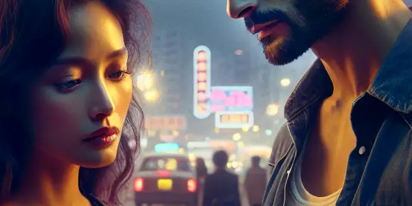 A poignant reunion of former lovers amidst a vibrant Hong Kong cityscape at dusk, filled with nostalgia and longing.