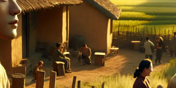 A young man reflects in a rural Chinese village, surrounded by friends, fields, and mountains under a clear sky.