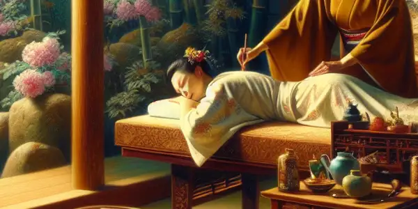 A serene Japanese spa scene featuring a massage therapist, natural elements, and hints of sensuality and cultural details.
