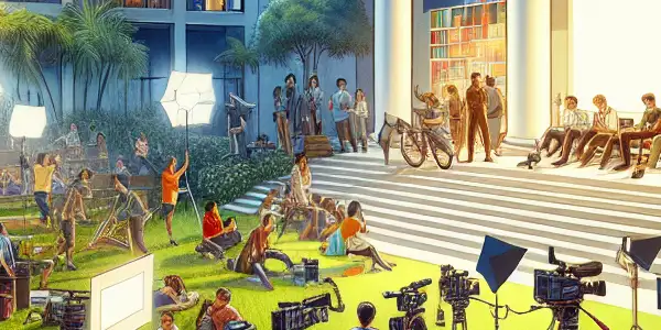 A vibrant film school scene with diverse students collaborating on projects, surrounded by modern architecture and lush greenery.