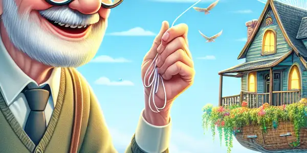 An elderly man and a boy soar in the sky, holding colorful balloons above a floating cottage among clouds.