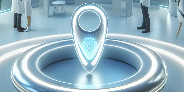 A futuristic clinic scene showcasing innovative contraception methods, featuring a smart ring and implantable chip with diverse adults discussing health.