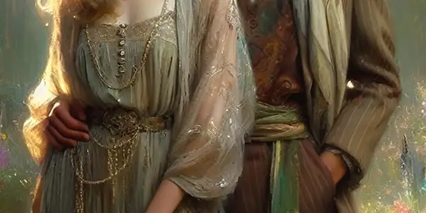 A regal woman and a rugged gardener share a passionate moment in a vibrant, lush garden.