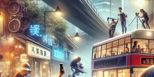 A young filmmaker captures intimate moments with friends in a vibrant urban setting, reflecting contemporary life and camaraderie.