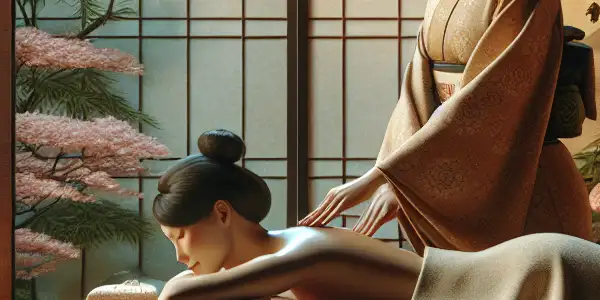 A tranquil Japanese massage room with a therapist performing an oil massage on a relaxed client.