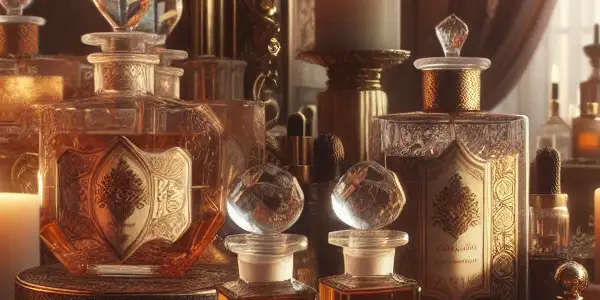 An intimate, luxurious setting featuring elegant essential oils, a couple's gift set, and soft candlelight.