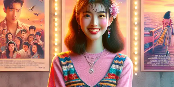 A lively 1990s movie theater scene featuring a young Xu Ruoxuan surrounded by fans, vintage posters, and film memorabilia.