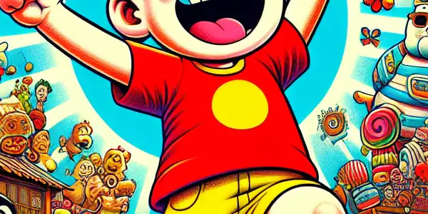 Shin-chan joyfully explores a colorful cartoon world with friends, surrounded by whimsical landscapes and playful elements.