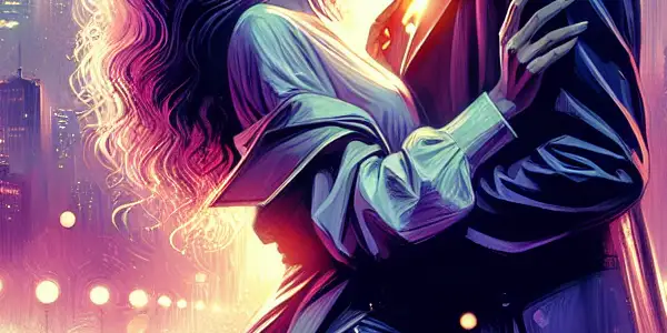 A romantic couple embraces in a vibrant cityscape at twilight, surrounded by glowing neon lights and soft bokeh.