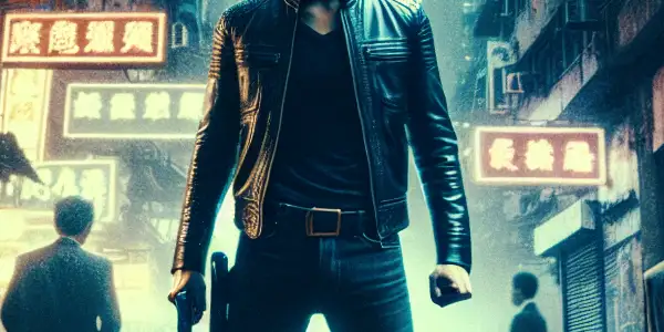 A young man in a leather jacket stands determined in a neon-lit Hong Kong alley, surrounded by gang symbols.<a href=