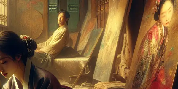 A talented female painter in a traditional Korean setting, immersed in her vibrant artworks, exchanges a longing gaze with a male figure.