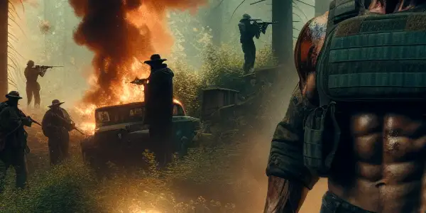 A muscular man in tactical gear stands in a shadowy forest, holding a weapon, surrounded by chaos and danger.