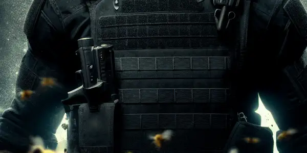A muscular protagonist in tactical gear stands against a dark urban backdrop, surrounded by ominous bees and shadowy figures.
