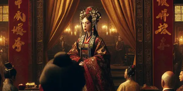 Empress Dowager Cixi observes court proceedings from behind an ornate screen in a lavish Qing Dynasty palace.