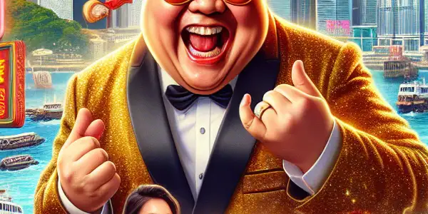A vibrant movie poster featuring Bao Bei'er in a bustling Hong Kong street, surrounded by humorous cartoon elements and landmarks.