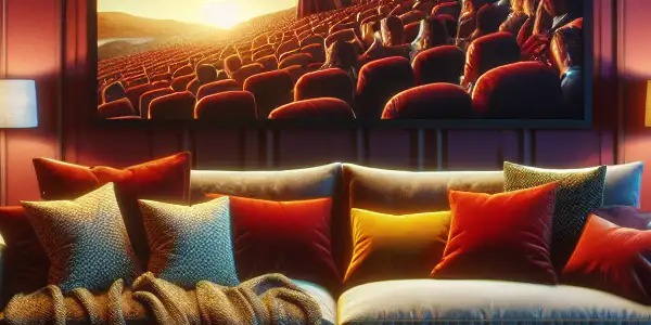 A cozy home theater with a plush sofa, large screen showing movies, popcorn, drinks, and a starry night view.