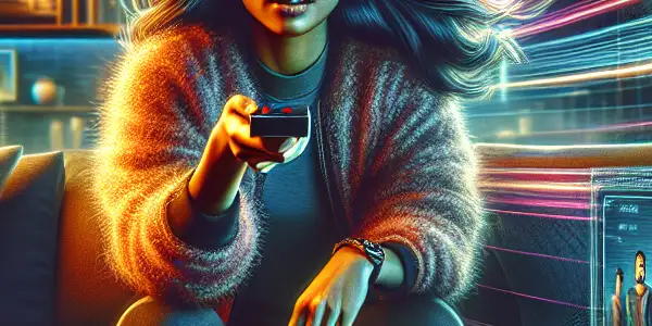 A modern living room with a person focused on high-definition video streaming, surrounded by tech devices and a cozy atmosphere.