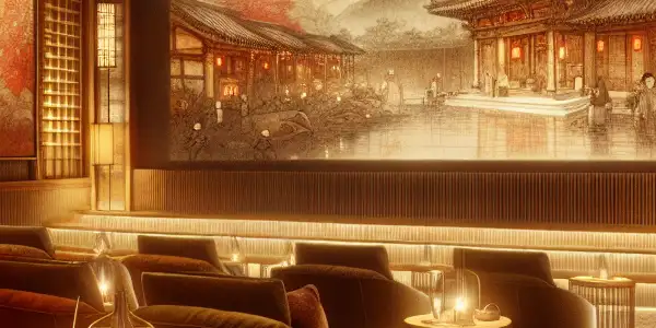 A cozy film screening room with plush seating, a large screen, and vintage cinema elements, evoking romance and nostalgia.