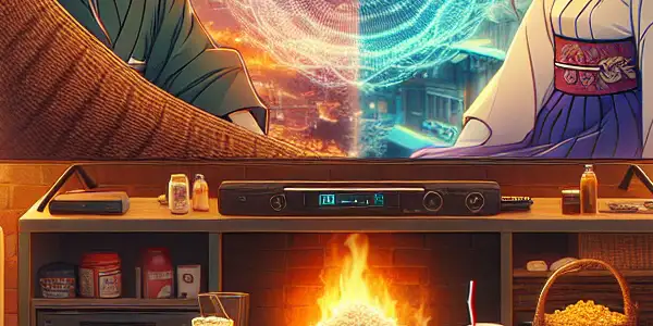 A cozy living room with a large TV showcasing Japanese and Korean films, featuring plush seating and snacks.