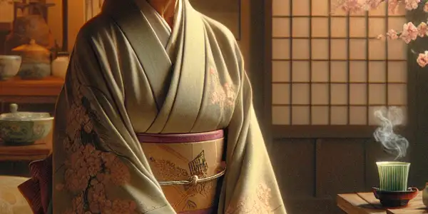 A middle-aged woman in a kimono reflects thoughtfully in a serene, traditional Japanese living room.