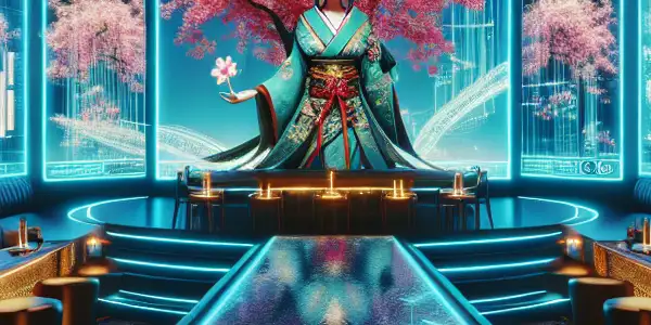 Futuristic Japanese adult film setting with a beautiful anime character in a high-tech, immersive environment.