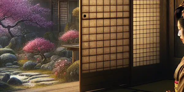 A contemplative woman in a kimono gazes at a cherry blossom garden in a traditional Japanese living room.