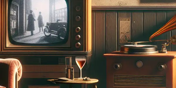 An intimate, vintage room filled with classic adult film decor, including a retro television and plush sofa.