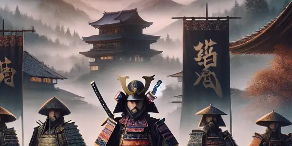 A group of seven samurai in armor stands protectively in a misty Japanese village at dusk.