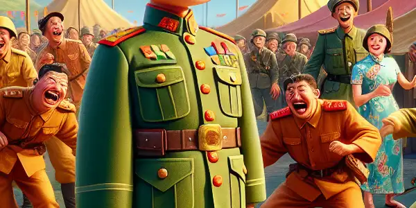 A whimsical scene of a young boy in an oversized military uniform, surrounded by playful soldiers in a vibrant camp.