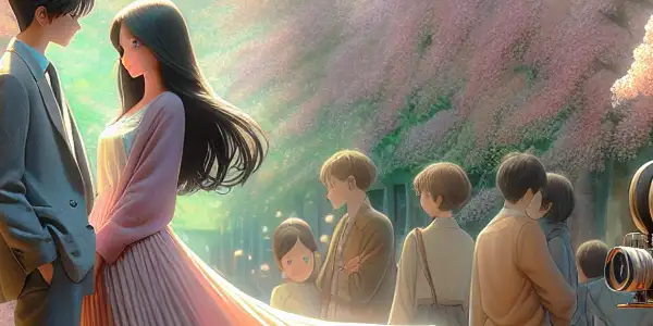 A young couple shares loving glances under cherry blossoms in a sunlit park, embodying youthful love and joy.