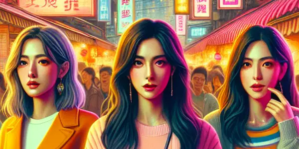 A vibrant urban scene in Taiwan featuring three diverse women expressing love and desire amidst neon lights and street food.