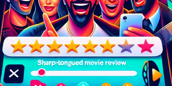 A lively smartphone display of a movie app featuring animated characters discussing films with popcorn and movie posters.