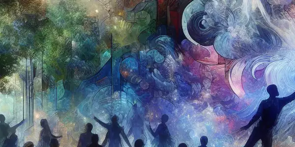 A dynamic group of diverse characters interacting in a mystical, moonlit forest, embodying the spirit of a wolf pack.