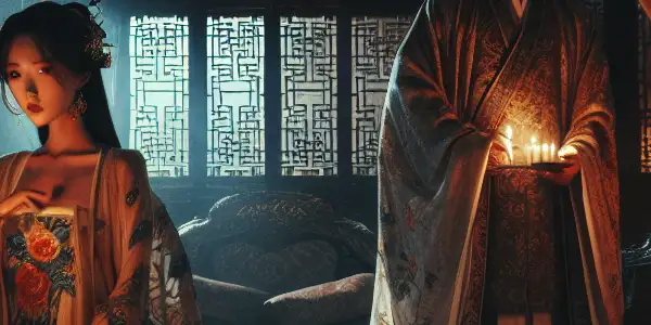 A dimly lit Chinese interior filled with elegant characters, conveying passion and intrigue through their subtle expressions.