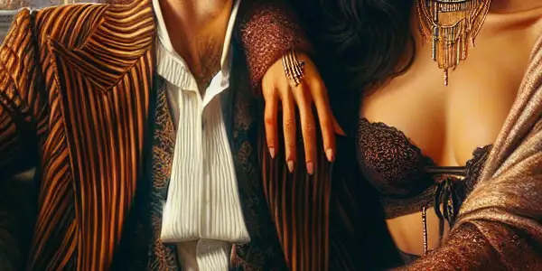 A young man and an older woman share an intimate moment in a warmly lit, elegant living room.