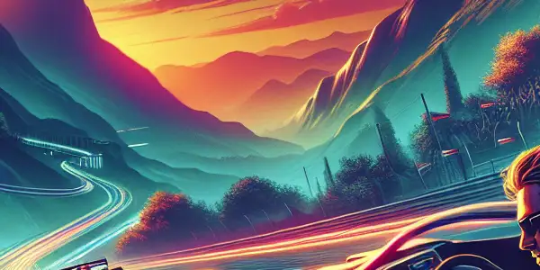 A thrilling race scene featuring Zhang Chi in a futuristic car on a winding mountain road at sunset.