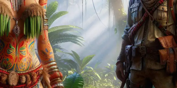 A tribal woman in vibrant attire interacts playfully with an explorer in a lush tropical jungle.